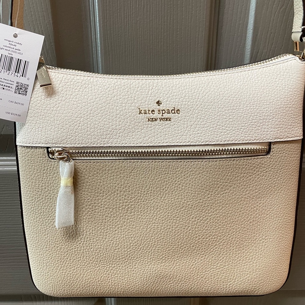 Kate Spade Leila Swingpack Crossbody purse NWT white/beige/tan pebbled leather